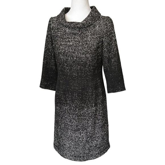 Teri Jon Rickie Freeman Women's Dress (4) Black White Mid Sheath Tweed Wool Cowl